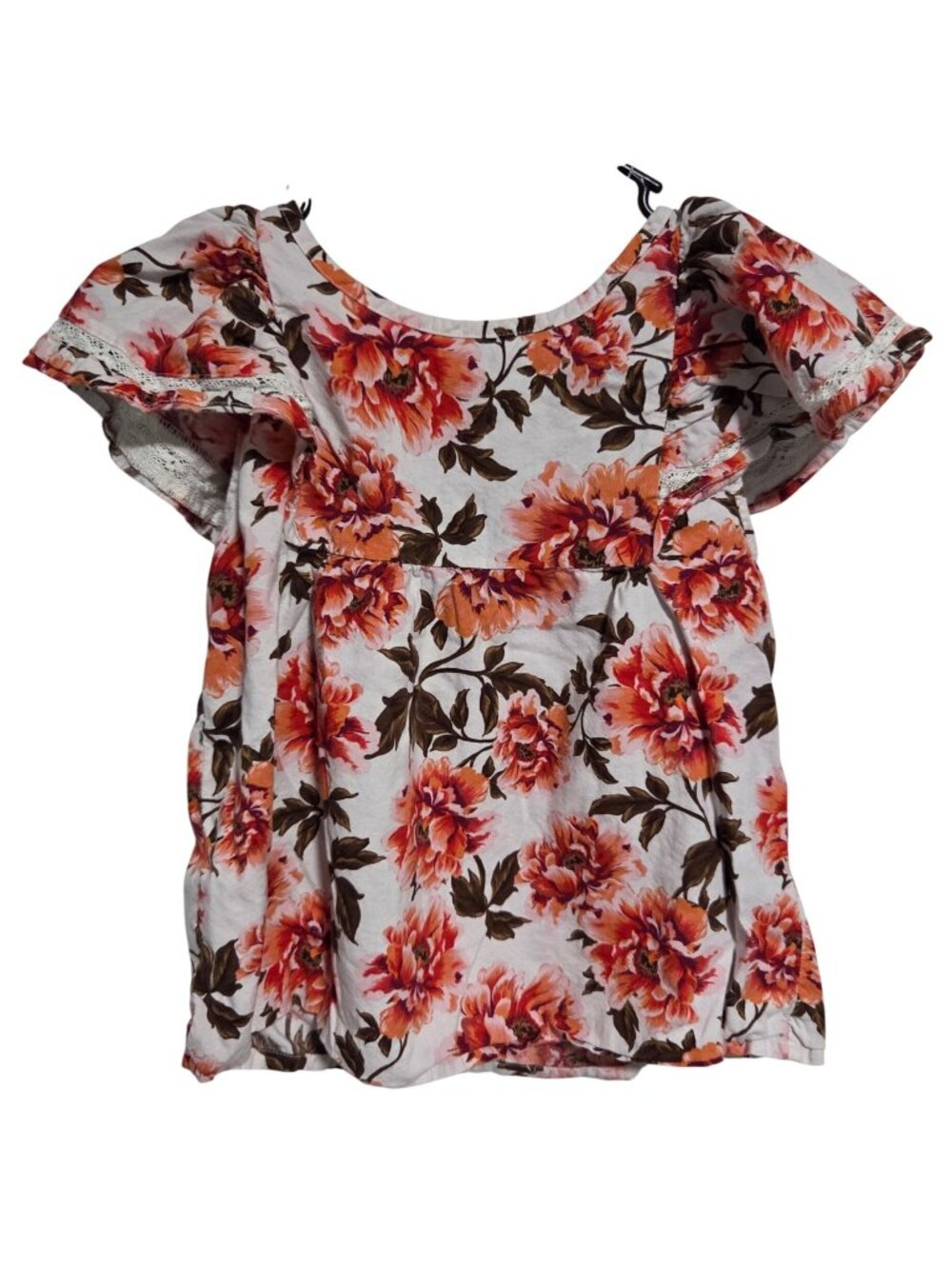 Old Navy Floral Peasant Blouse Girls Size XL Red Orange Lace Trimmed Sleeves